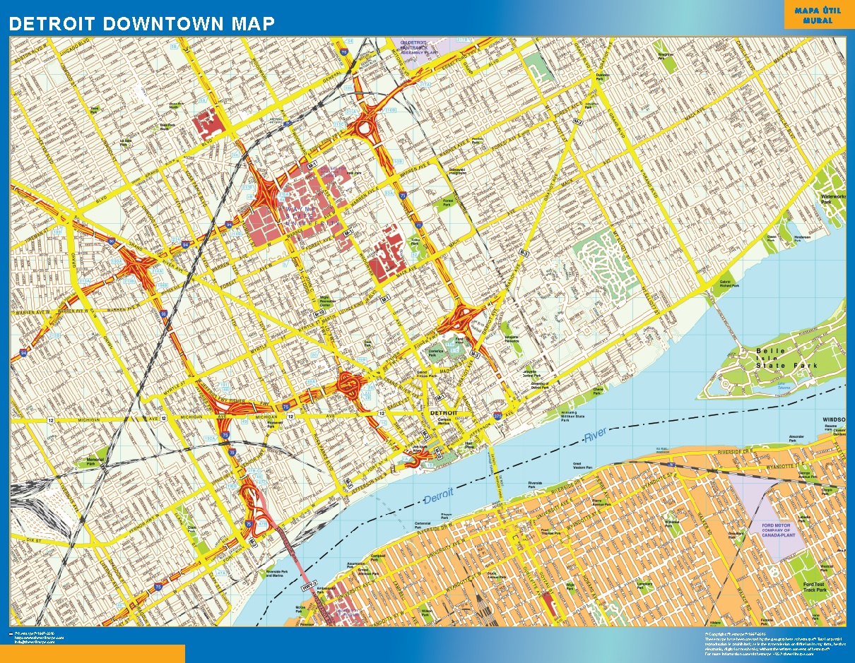 Detroit downtown map | Wandkaarten van de wereld