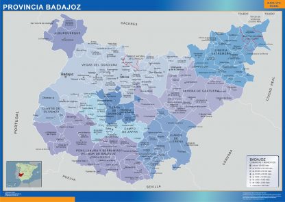 Gemeenten Badajoz wandkaarten Spanje