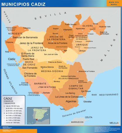 Gemeenten Cadiz wandkaarten Spanje