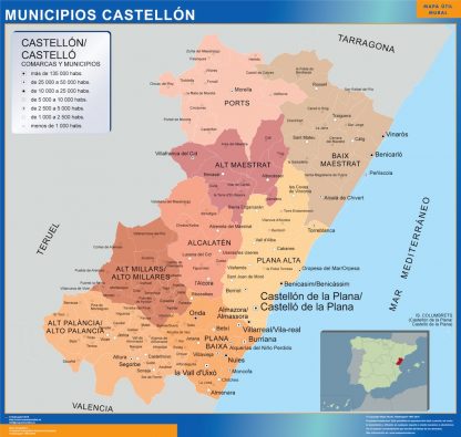 Gemeenten Castellon wandkaarten Spanje