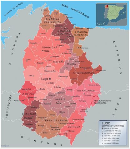 Gemeenten Lugo wandkaarten Spanje