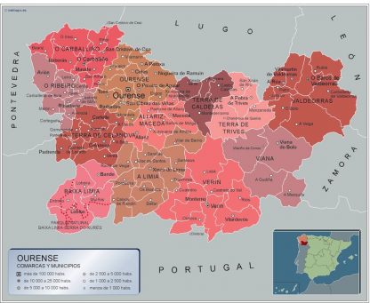 Gemeenten Ourense wandkaarten Spanje