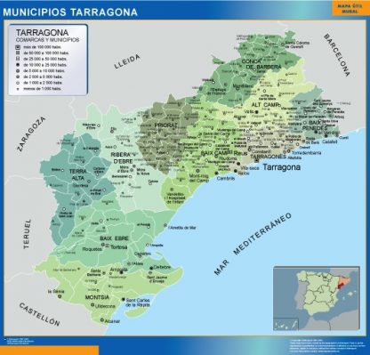 Gemeenten Tarragona wandkaarten Spanje