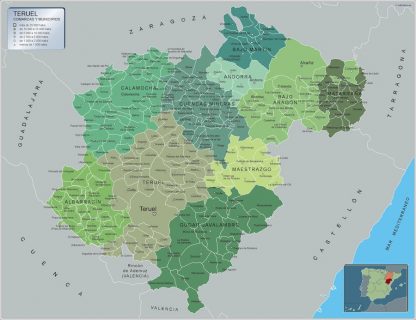 Gemeenten Teruel wandkaarten Spanje