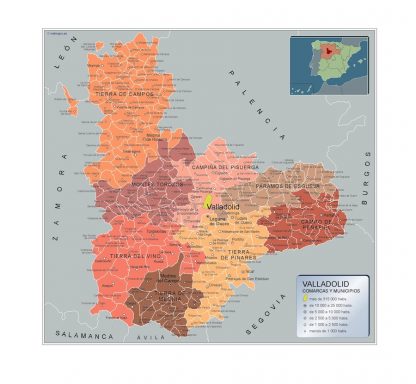 Gemeenten Valladolid wandkaarten Spanje