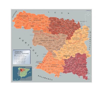 Gemeenten Zamora wandkaarten Spanje
